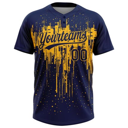 Custom Name and Number Personalized Navy Gold 3D Dripping Splatter Art Unisex Softball Jersey - Two-Button Design Personalized