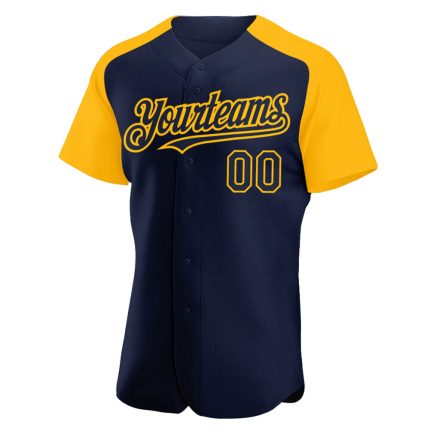 Custom Name and Number Baseball Jersey - Personalized Navy Gold Raglan Sleeves Authentic Style Personalized Navy Gold Authentic