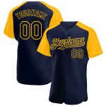 Custom Name and Number Baseball Jersey - Personalized Navy Gold Raglan Sleeves Authentic Style Personalized Navy Gold Authentic