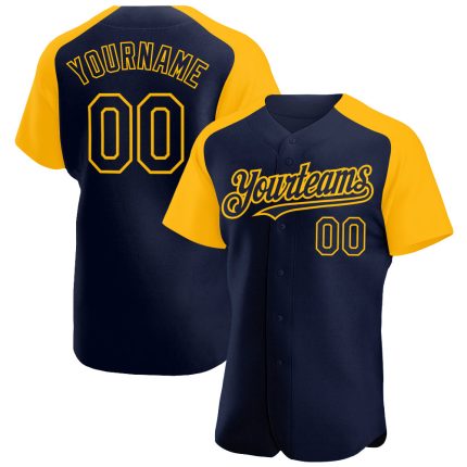 Custom Name and Number Baseball Jersey - Personalized Navy Gold Raglan Sleeves Authentic Style Personalized Navy Gold Authentic