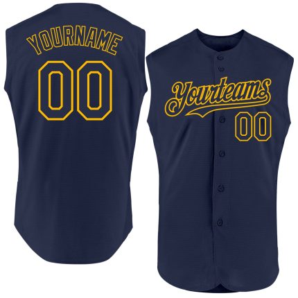 Personalized Navy Gold Baseball Jersey - Authentic Sleeveless Design Personalized Navy Gold Authentic Sleeveless Baseball