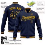 Custom Name and Number Navy Gold Bomber Varsity Letterman Jacket for Teams - Personalized Full-Snap Design Personalized Navy