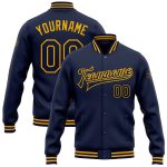 Custom Name and Number Navy Gold Bomber Varsity Letterman Jacket for Teams - Personalized Full-Snap Design Personalized Navy
