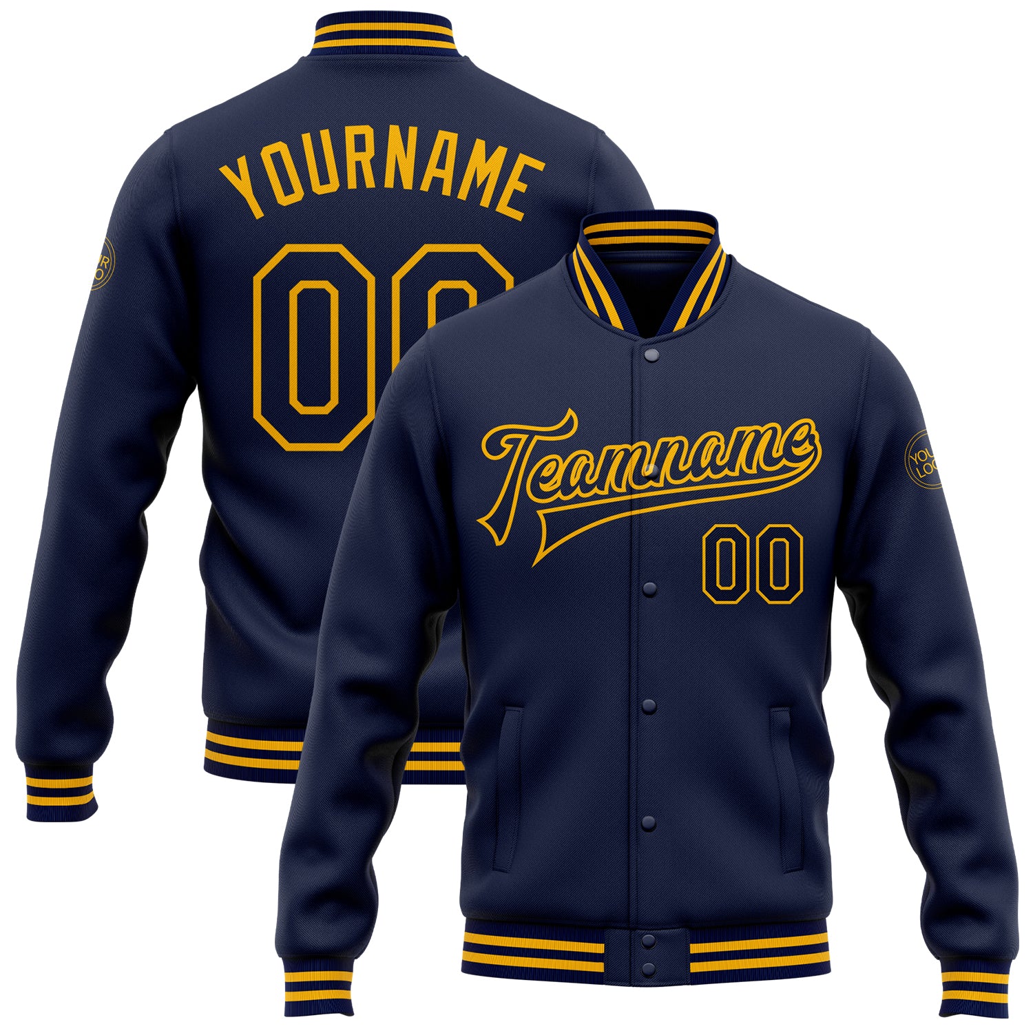 Custom Name and Number Navy Gold Bomber Varsity Letterman Jacket for Teams - Personalized Full-Snap Design Personalized Navy