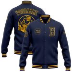 Personalized Navy Gold Varsity Letterman Bomber Jacket Full-Snap Style Personalized Navy Gold Bomber Full-Snap Varsity Letterman