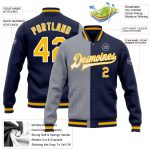 Custom Team Name Number Navy Gold-Gray Bomber Varsity Letterman Split Fashion Full-Snap Jacket Personalized Navy Gold-Gray