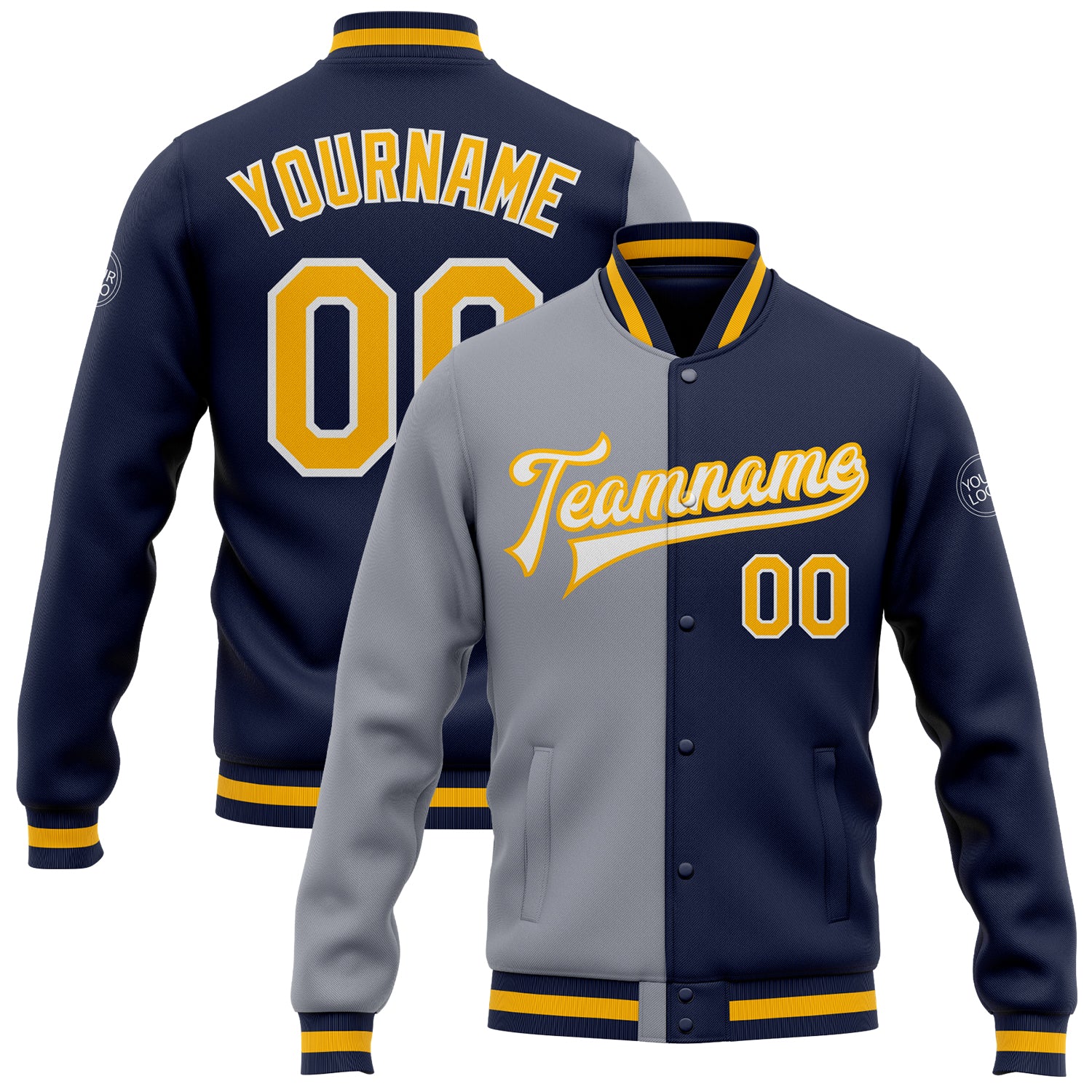 Custom Team Name Number Navy Gold-Gray Bomber Varsity Letterman Split Fashion Full-Snap Jacket Personalized Navy Gold-Gray