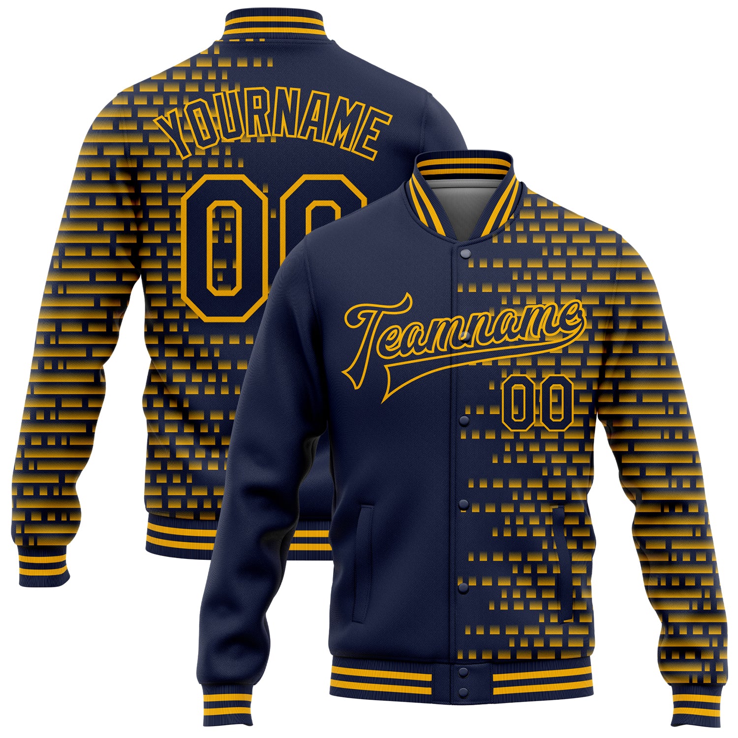 Custom Name Number Navy Gold Halftone 3D Bomber Varsity Letterman Jacket Personalized Navy Gold Halftone 3D Pattern Design