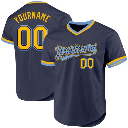 Custom Name and Number Personalized Baseball Jersey - Navy Gold-Light Blue Authentic Throwback Style Personalized Navy Gold-Light