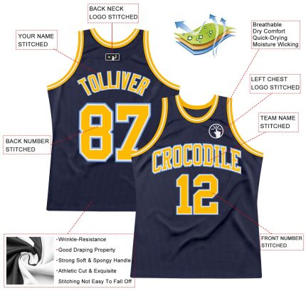 Personalized Navy Light Blue Gold Authentic Basketball Jersey - Throwback Style Personalized Navy Gold-Light Blue Authentic