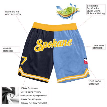 Personalized Custom Name Number Basketball Shorts Navy Gold Light Blue Authentic Throwback Split Fashion Personalized Navy