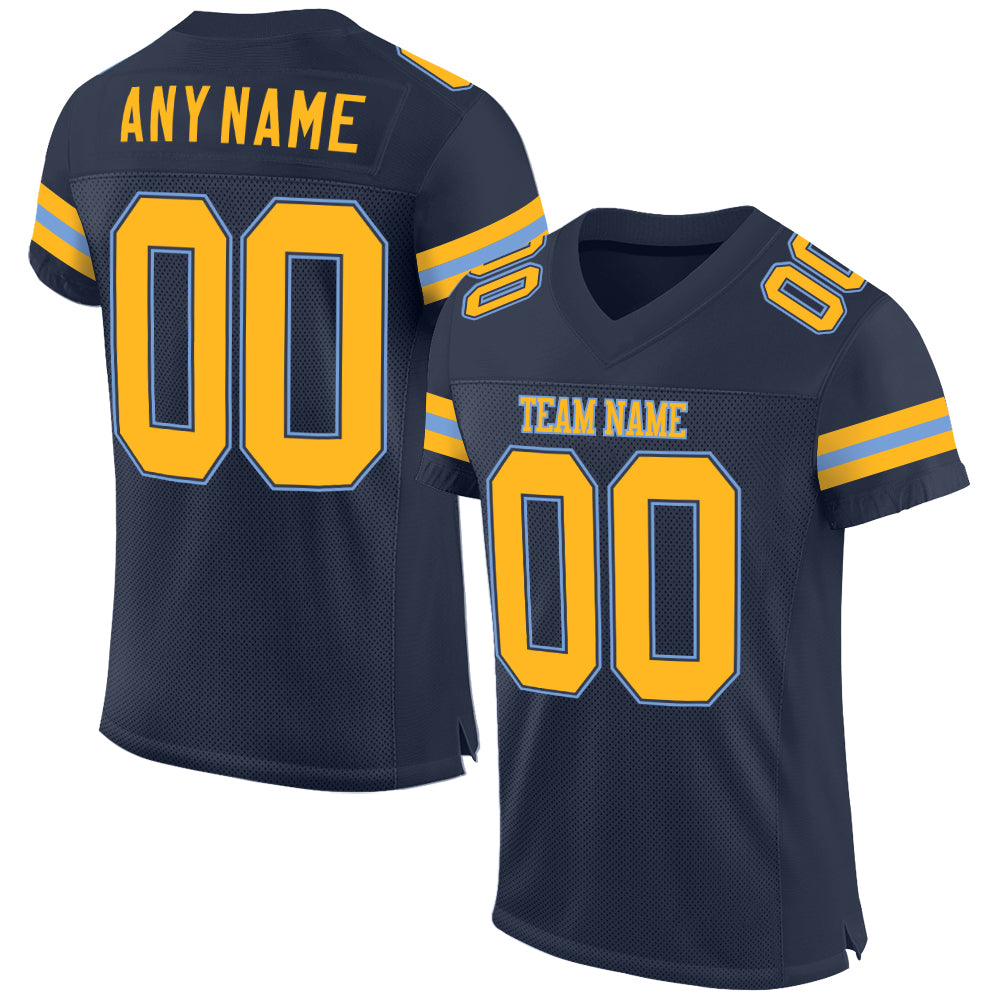 Custom Navy and Gold Light Blue Football Jersey - Authentic Personalized Team Name and Number Personalized Navy Gold-Light