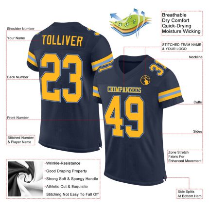 Custom Navy and Gold Light Blue Football Jersey - Authentic Personalized Team Name and Number Personalized Navy Gold-Light