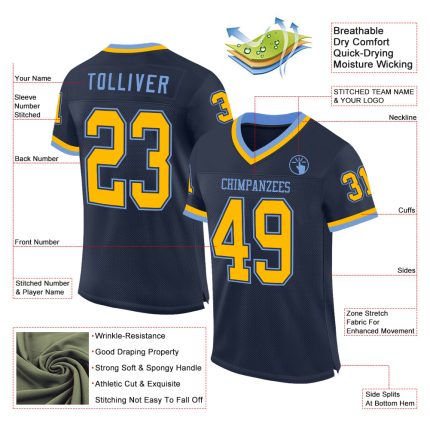 Customizable Navy Gold-Light Blue Throwback Football Jersey with Personalized Name and Number - Authentic Mesh Design Personalized