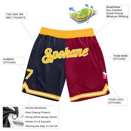Personalized Navy Gold Maroon Basketball Shorts Custom Team Name Number - Authentic Throwback Fashion Personalized Navy Gold-Maroon