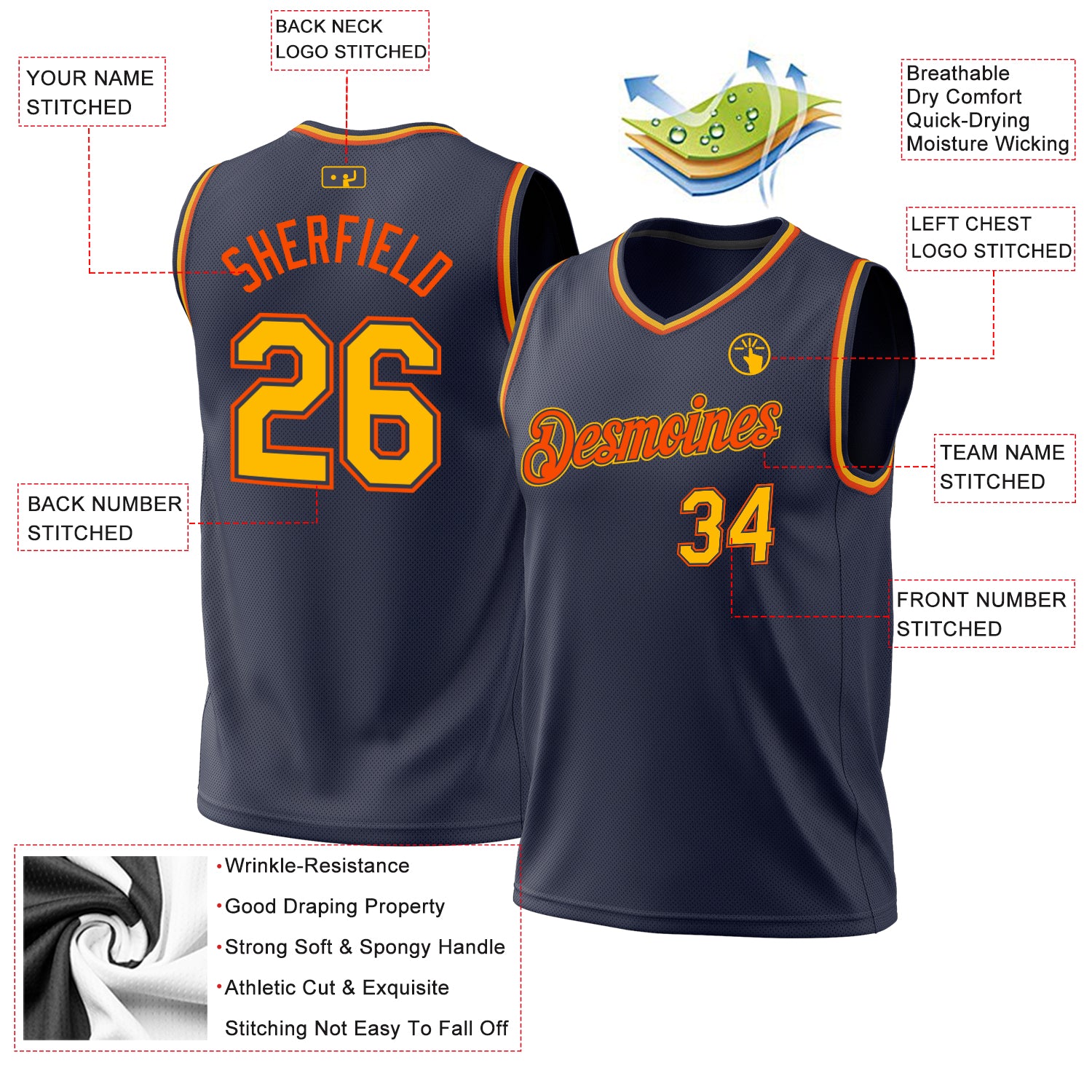 Personalized Navy Gold-Orange Authentic Throwback Basketball Jersey Personalized Authentic Throwback Basketball Jersey - Navy Gold-Orange Design Personalized Navy Gold-Orange Authentic Throwback - Image 3