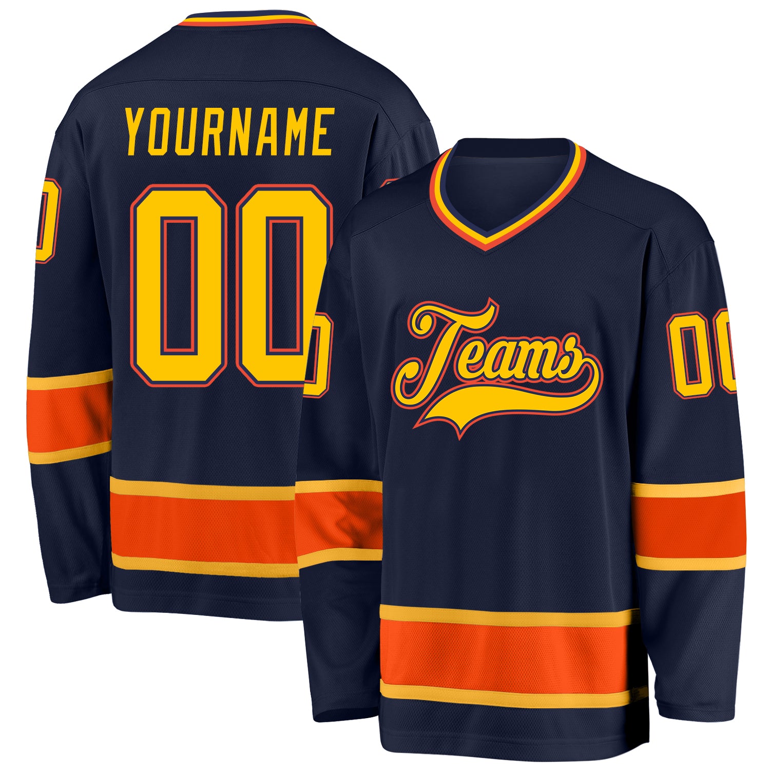Custom Team Name and Number Personalized Navy Gold-Orange Hockey Jersey Personalized Navy Gold-Orange Hockey Jersey Team