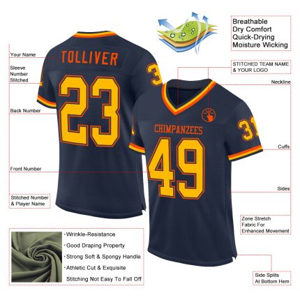 Custom Name Number Personalized Football Jersey - Navy Gold-Orange Mesh Authentic Throwback Team Style Personalized Navy