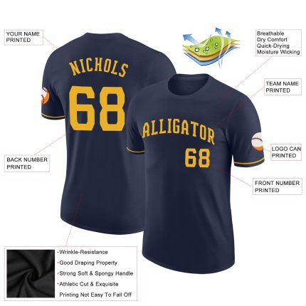 Custom Team Name Number Performance T-Shirt Navy Gold - Personalized Athletic Shirt Personalized Navy Gold Performance T-Shirt