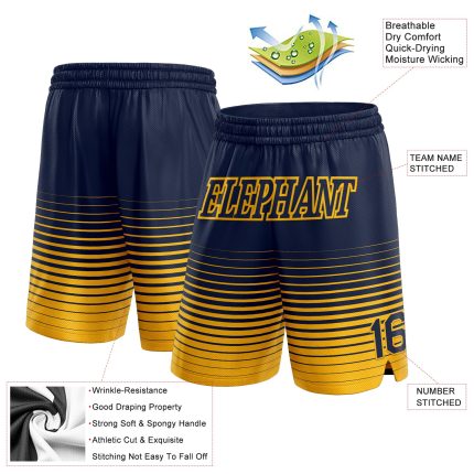 Custom Basketball Shorts with Personalized Name and Number in Navy Gold Pinstripe Fade Design Personalized Navy Gold Pinstripe