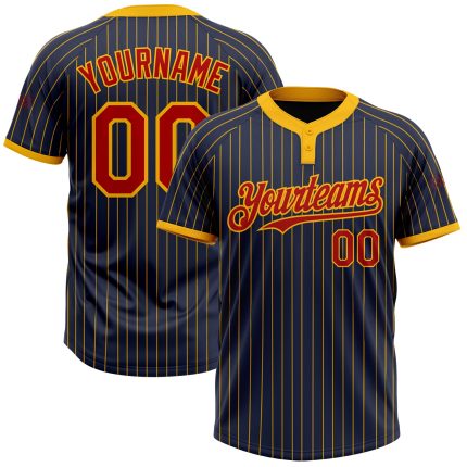 Custom Name and Number Unisex Softball Jersey - Personalized Navy Gold Pinstripe Two-Button Design Personalized Navy Gold