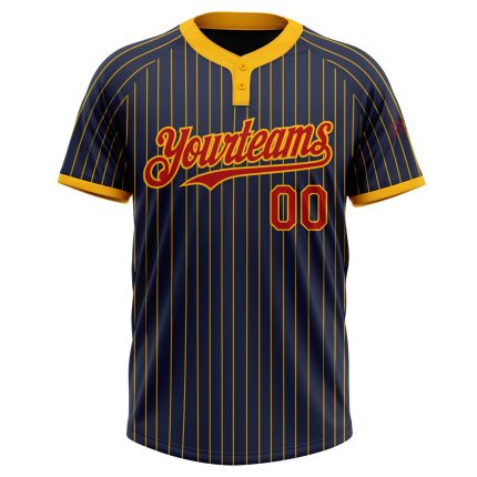 Custom Name and Number Unisex Softball Jersey - Personalized Navy Gold Pinstripe Two-Button Design Personalized Navy Gold