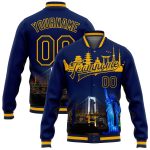 Personalized 3D Bomber Varsity Letterman Jacket with Navy Gold Rainbow Bridge & Statue of Liberty - Team Custom Name & Number Edition