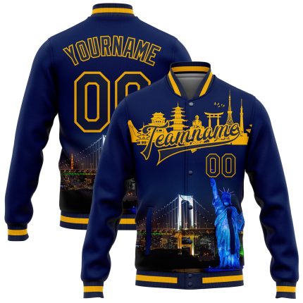 Personalized 3D Bomber Varsity Letterman Jacket with Navy Gold Rainbow Bridge & Statue of Liberty - Team Custom Name & Number Edition