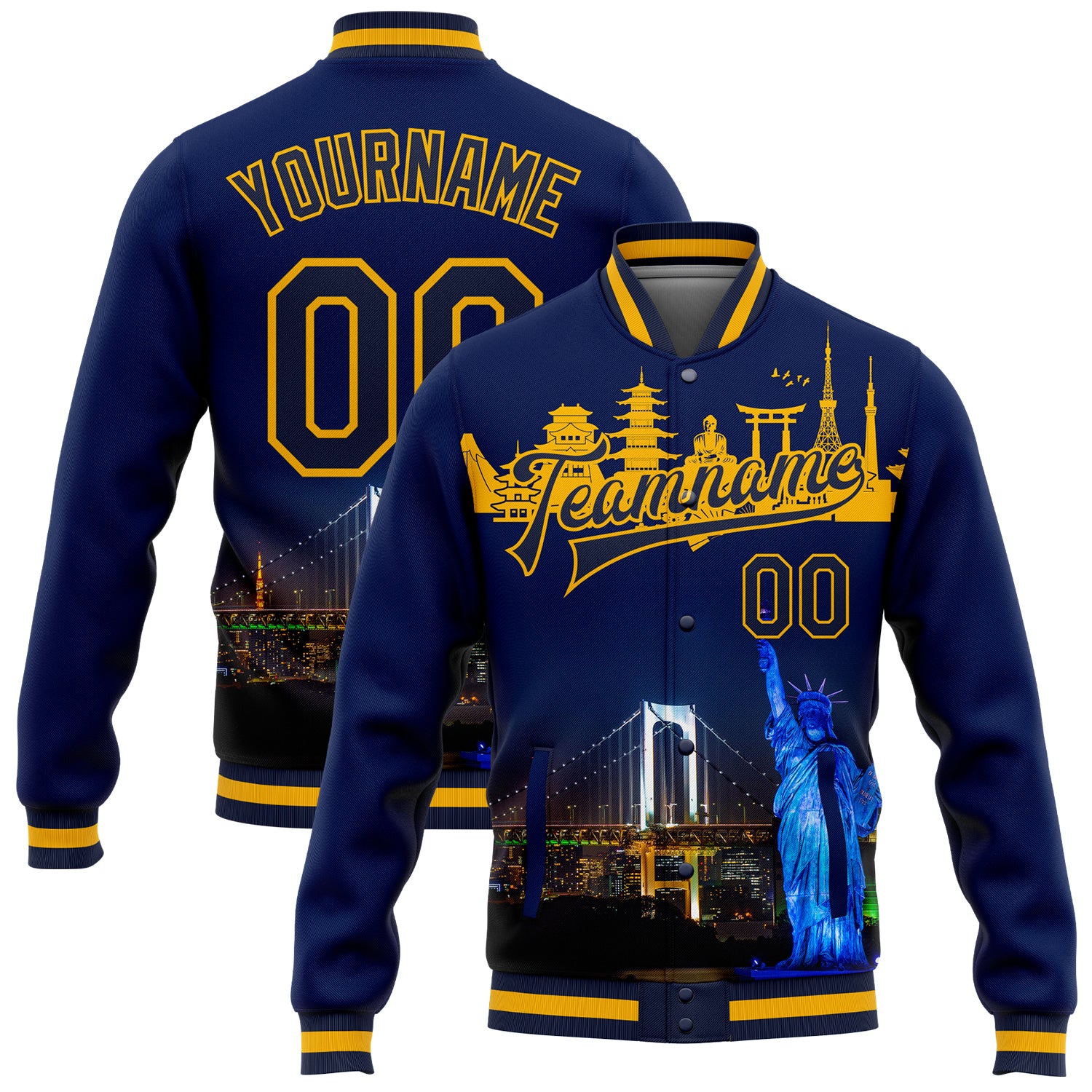 Personalized 3D Bomber Varsity Letterman Jacket with Navy Gold Rainbow Bridge & Statue of Liberty - Team Custom Name & Number Edition