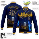 Personalized 3D Bomber Varsity Letterman Jacket with Navy Gold Rainbow Bridge & Statue of Liberty - Team Custom Name & Number Edition