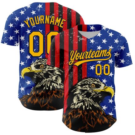 Personalized 3D American Flag Baseball Jersey with Eagle, Star, Custom Name & Number in Navy Gold-Red Personalized Navy Gold-Red