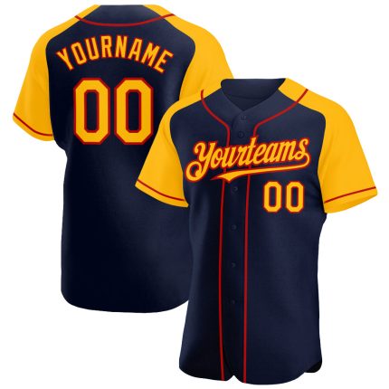 Custom Name and Number Baseball Jersey - Personalized Navy Gold-Red Authentic Raglan Sleeves Personalized Navy Gold-Red Authentic