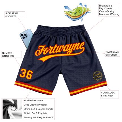 Personalized Authentic Basketball Shorts in Navy Gold-Red - Custom Throwback Style Personalized Navy Gold-Red Authentic Throwback