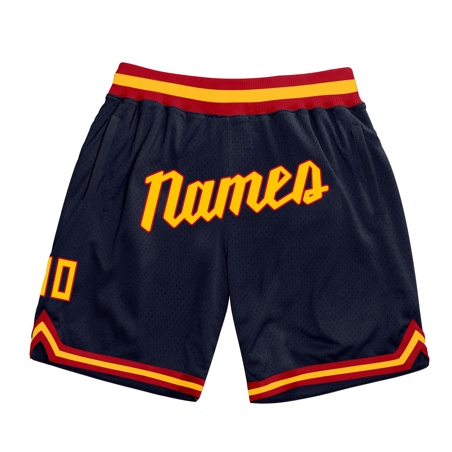 Custom Navy Gold-Red Basketball Shorts with Personalized Name and Number - Authentic Throwback Design Personalized Navy Gold-Red