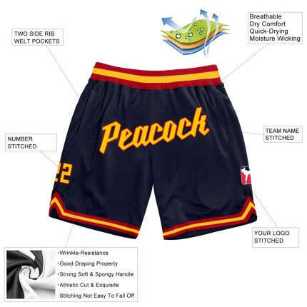 Custom Navy Gold-Red Basketball Shorts with Personalized Name and Number - Authentic Throwback Design Personalized Navy Gold-Red