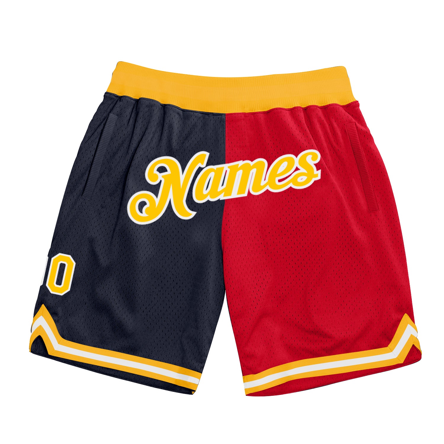 Custom Name Number Basketball Shorts Personalized Navy Gold-Red Authentic Throwback Split Fashion Personalized Navy Gold-Red