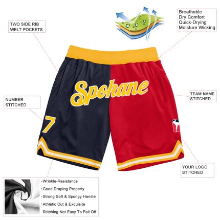 Custom Name Number Basketball Shorts Personalized Navy Gold-Red Authentic Throwback Split Fashion Personalized Navy Gold-Red