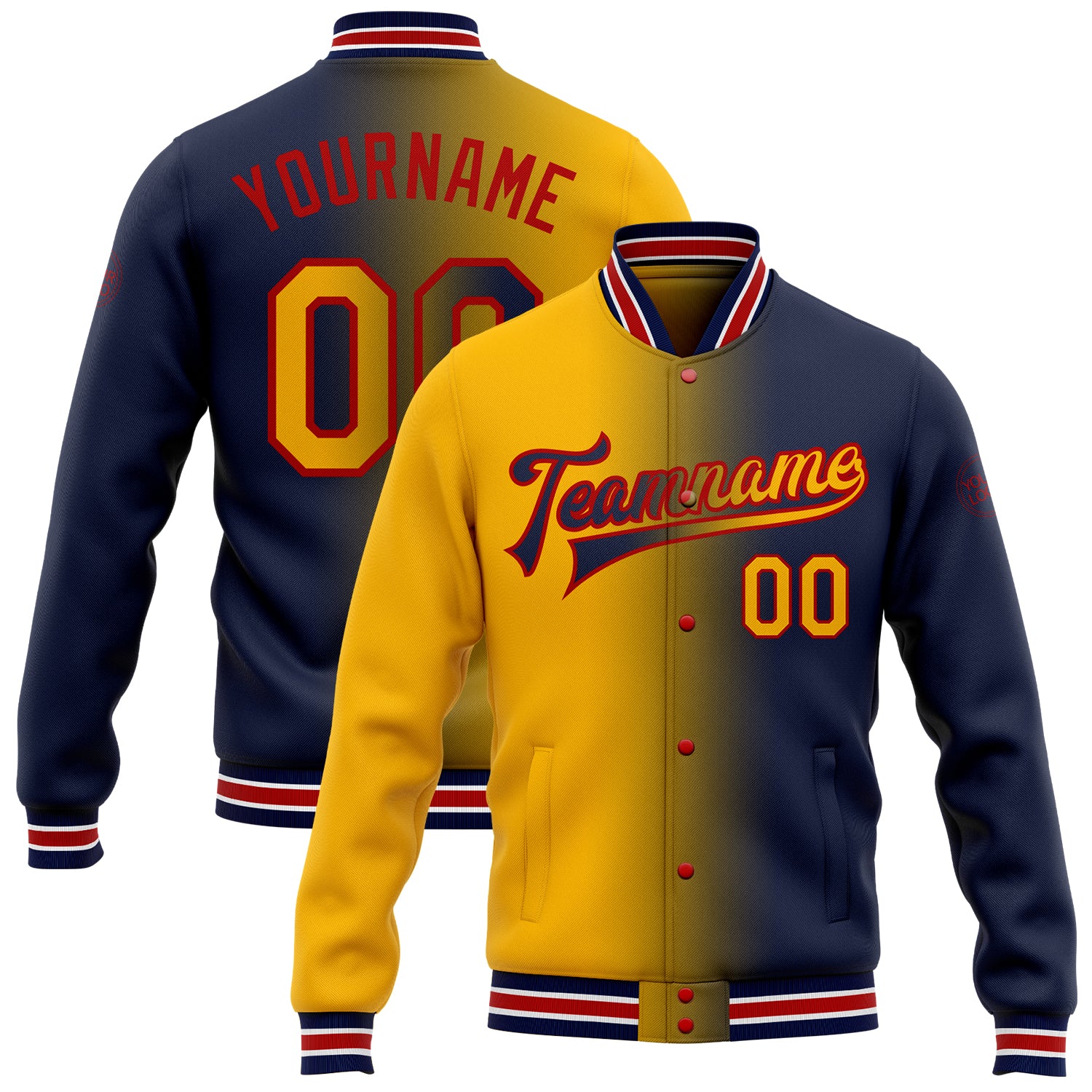 Custom Navy Gold Red Gradient Varsity Letterman Jacket with Name and Number - Personalized Full-Snap Bomber Fashion Jacket