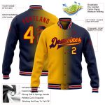 Custom Navy Gold Red Gradient Varsity Letterman Jacket with Name and Number - Personalized Full-Snap Bomber Fashion Jacket