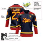 Custom Name and Number Navy Red Gold Hockey Lace Neck Jersey - Personalized Team Apparel Personalized Navy Gold-Red Hockey