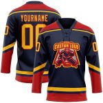 Custom Name and Number Navy Red Gold Hockey Lace Neck Jersey - Personalized Team Apparel Personalized Navy Gold-Red Hockey