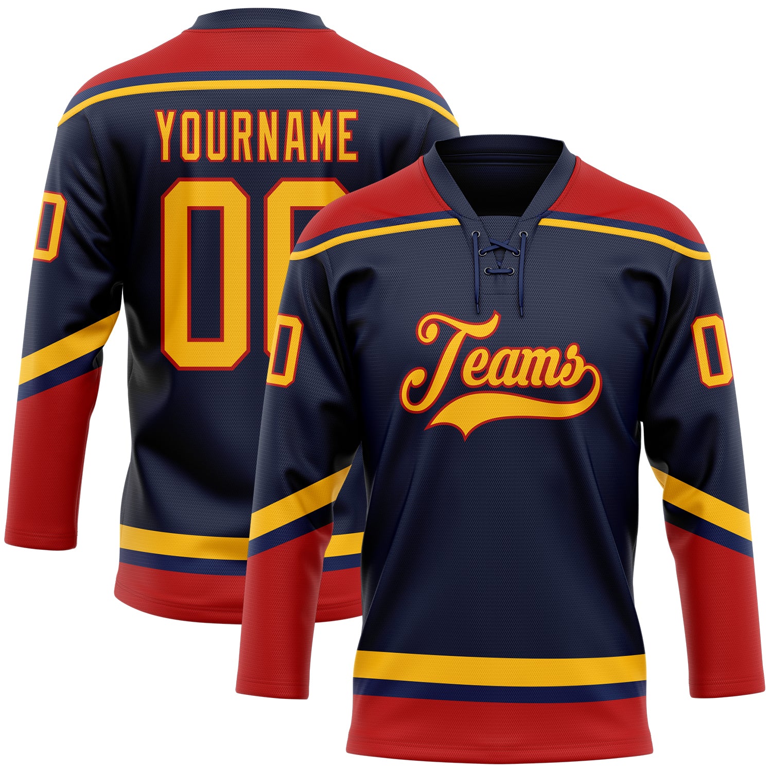 Custom Name and Number Navy Red Gold Hockey Lace Neck Jersey - Personalized Team Apparel Personalized Navy Gold-Red Hockey