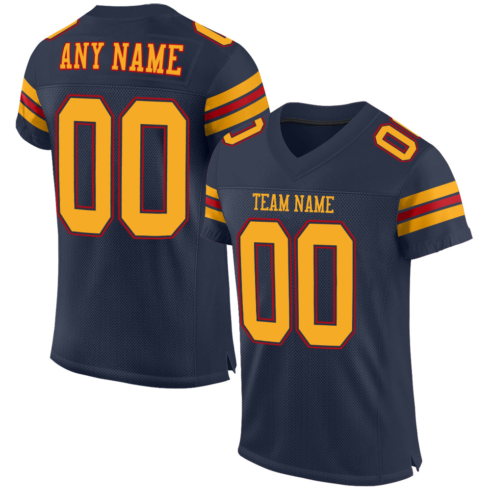 Custom Name and Number Personalized Navy Gold-Red Football Jersey - Authentic Mesh Team Jersey Personalized Navy Gold-Red