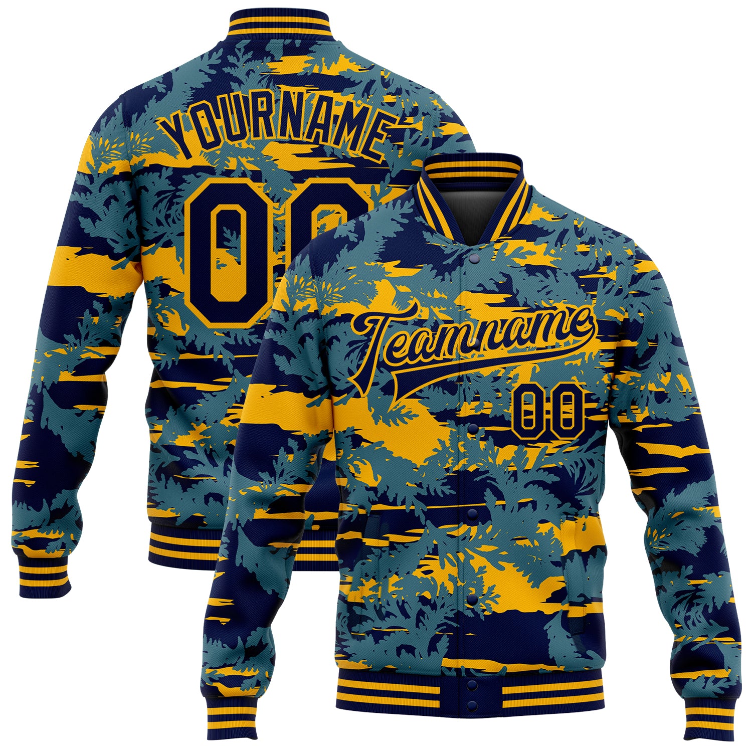 Custom Personalized Navy Gold Bomber Jacket with 3D Thuja Branch Design, Full-Snap Varsity Letterman, Team Name & Number