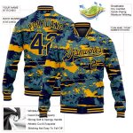 Custom Personalized Navy Gold Bomber Jacket with 3D Thuja Branch Design, Full-Snap Varsity Letterman, Team Name & Number