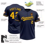 Custom Navy Gold Two-Button Unisex Softball Jersey with Personal Name and Number Personalized Navy Gold Two-Button Unisex