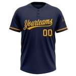 Custom Navy Gold Two-Button Unisex Softball Jersey with Personal Name and Number Personalized Navy Gold Two-Button Unisex