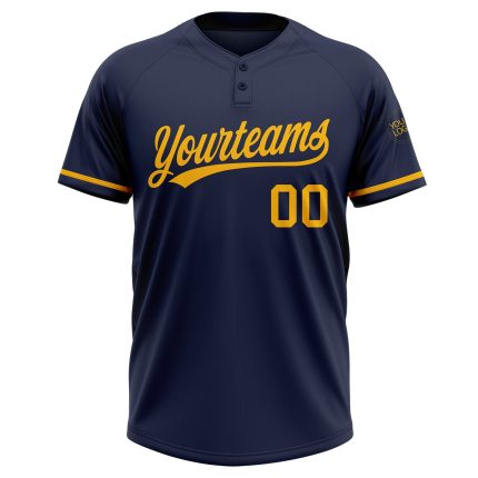 Custom Navy Gold Two-Button Unisex Softball Jersey with Personal Name and Number Personalized Navy Gold Two-Button Unisex
