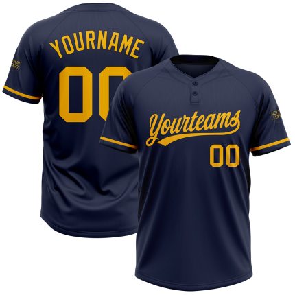 Custom Navy Gold Two-Button Unisex Softball Jersey with Personal Name and Number Personalized Navy Gold Two-Button Unisex
