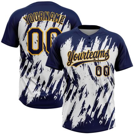 Custom Name and Number Unisex Softball Jersey - Personalized Navy Gold-White 3D Abstract Pattern with Two-Button Design Personalized